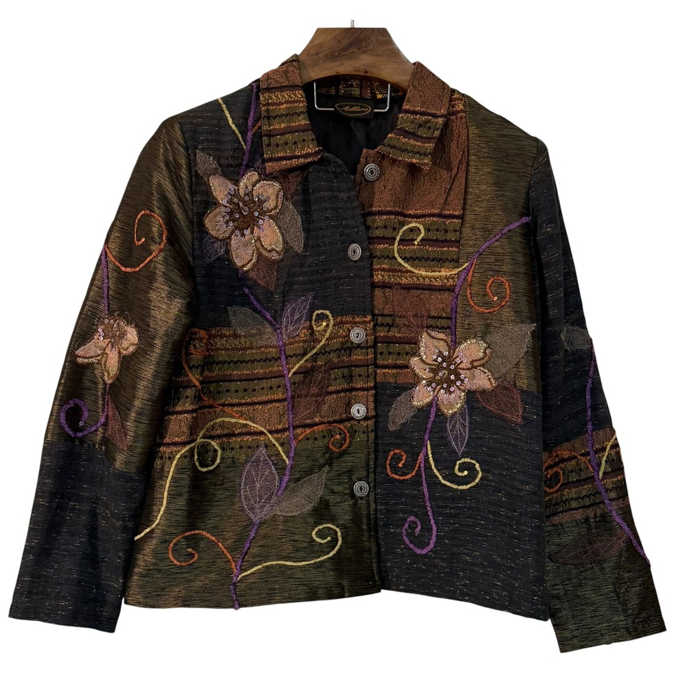 Allure Womens XL Floral Embroidered Sequin Patchwork Jacket Art to Wear Boho